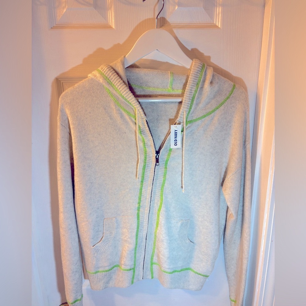 Old Navy hooded zip up cream colored sweater size small.